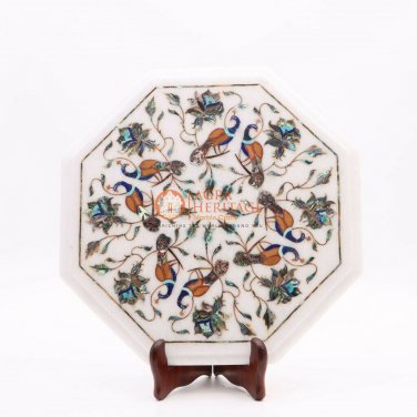 12"x12" Marble White Top Custom Table Lapis Inlaid Peacock Design Home Decor Art