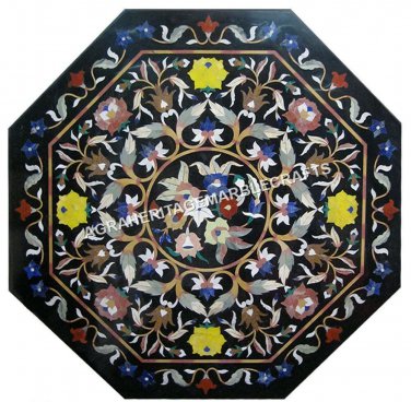 36" Black Marble Dining Octagon Table Top Marquetry Inlay Furniture Decor H4357