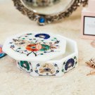 White Marble Collectible Jewelry Vintage Box Lapis Inlaid Marquetry Design Decor White Marble Collectible Jewelry Vintage Box Lapis Inlaid Marquetry Design Decor