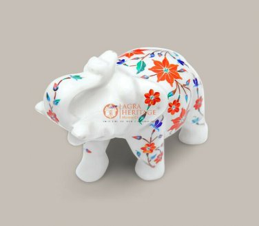 White Collectible Salute Pose Elephant Sculpture Carnelian Pietradura Floral Art
