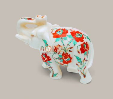 Marble Handmade Decorative Elephant Sculpture Carnelian Marquetry Floral Design