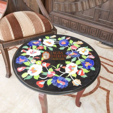 Marble Blcak Coffee Counter Table Inlay Pietradura Floral Gemstone Patio Decor