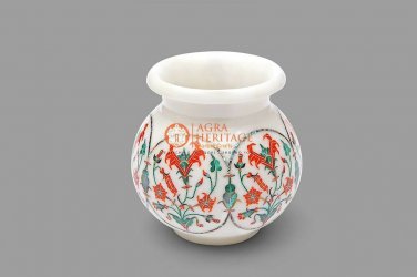 White Handmade Floral Organizer Vase Carnelian Marquetry Floral Fine Work Decor