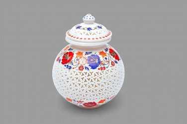 White Marble Handmade Decorative Flower Vase With Lid Lapis Inlay Floral Decor