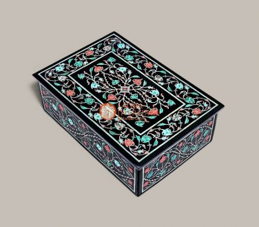 Black Marble Jewelry Box Organizer Inlaid Fine Floral Pietradura Design Decor