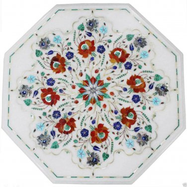 White Marble Coffee Table Marble Center Table Marquetry Multi Gems Inlay H3029