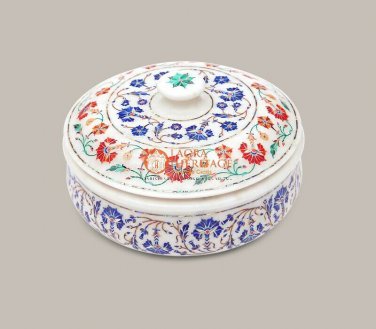 White Marble Round Jewelry Box With Lid Carnelian Marquetry Floral Art Home Deco
