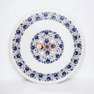 White Marble Custom Table Top Lapis Inlaid Floral Design Pietradura Art Decor