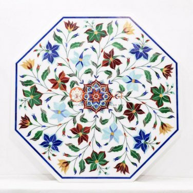 Marble Inlay Top End Table Carnelian Floral Semi Precious Stone Living Room Deco