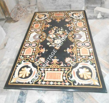5'x3' Black Marble Dining Elegant Table Top Marquetry Inlay Handmade Decor H3463