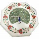 White Marble Small Coffee Table Top Carnelian Malachite Lapis Inlay Peacock Art White Marble Small Coffee Table Top Carnelian Malachite Lapis Inlay Peacock Art