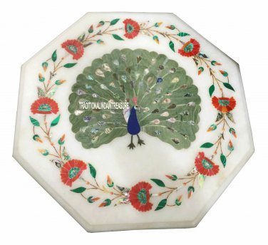 White Marble Small Coffee Table Top Carnelian Malachite Lapis Inlay Peacock Art