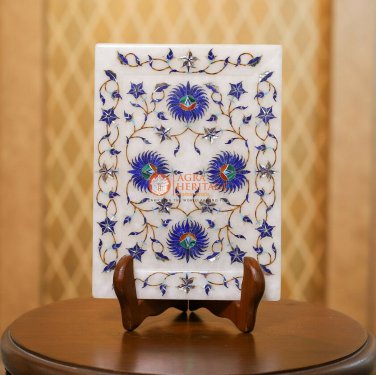 Marble White Handmade Dining Table Decor Serving Tray Lapis Inlaid Marquetry Art