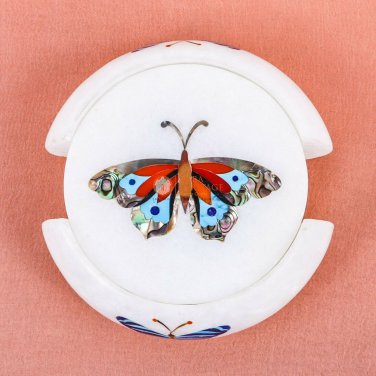 Marble Cold Drink Glass Holder Coaster Set Multi Stone Butterfly Art Gifts Decor