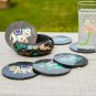 Black Coaster Set With Holder Inlaid Multi Stone Elephant Design Table Decor Art