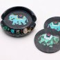 Black Coaster Set With Holder Inlaid Multi Stone Elephant Design Table Decor Art