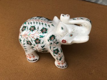 4" Marble Decorative Elephant Malachite Marquetry Inlay Stone Living Decor E450