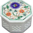4"x4"x2" Marble White Jewelry Lidded Box Lapis Peacock Floral Art Veterans Gifts