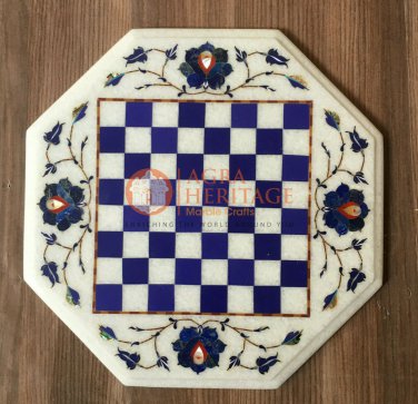 12"x12" Marble White Chess Top Table Lapis Inlaid Gemstone Floral Christmas Gift