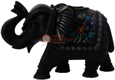 6" Black Marble Trunk Up Elephant Semi Precious Stone Art Christmas Eve Gift