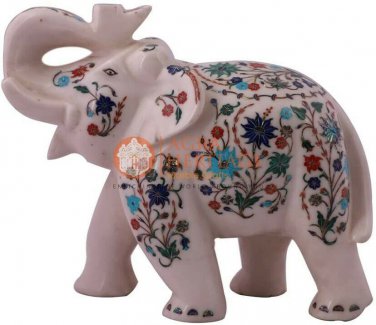 7" White Collectible Elephant Statue Lapis Semi Precious Fine Art Wedding Gifts