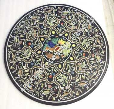 36" Black Marble Dining Table Top Fruit Inlay Scagliola Design Patio Decor H5678