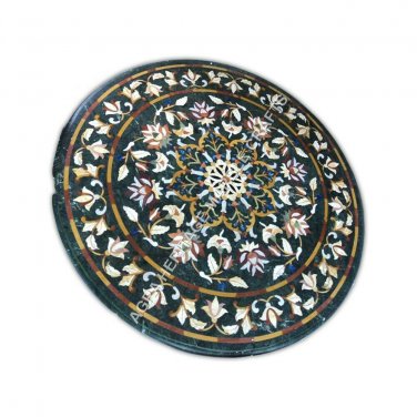 30" Black Marble Round Coffee Table Top Marquetry Inlay Collectible Decor E1080