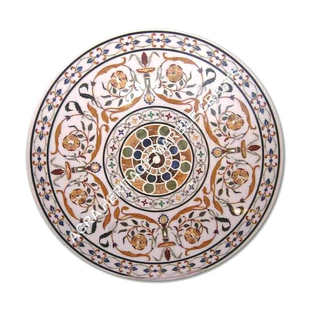 48" White Marble Round Dining Garden Table Top Marquetry Inlay Patio