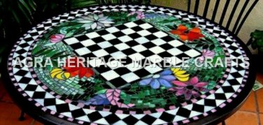 36" Black Marble Round Chess Dining Table Top Inlay Floral Arts Home Decor H3417