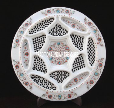 22" White Marble Dish Plate Lattice Work Marquetry Inlay Mosaic Home Gifts Decor