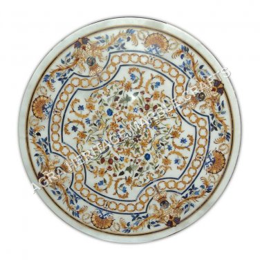 36" Collectible Marble White Dining Table Top Scagliola Inlay Garden Decor E1057