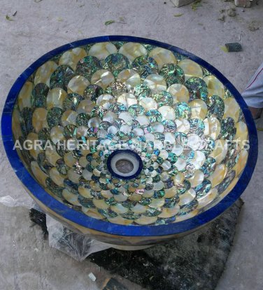 18"x14" Custom Marble Wash Basin Sink Lapis Pauashell Inlay Design Bathroom