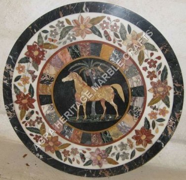 36" White Marble Round Coffee Center Table Top Horse Mosaic Inlay Decor H5011