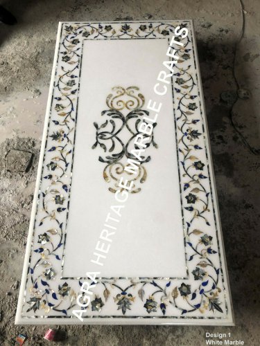 6'x3' White Marble Large Dining Top Table Pauashell Gemstone Inlay