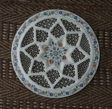 18" White Marble Plate Fine Lattice Work Inlaid Kitchen Decor Cyber Monday Gifts