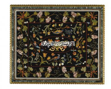 Black Marble Dining Center Table Top Marquetry Floral Inlay Design Decor H3969