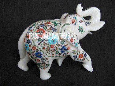 8'' White Marble Elephant Trunk Up Marquetry Multi Fine Stone Inlay Decor Arts
