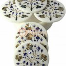 White Marble Coffee Coaster Set Inlay Stone Lapis Paua Shell Floral Art E1942