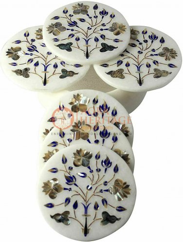 White Marble Coffee Coaster Set Inlay Stone Lapis Paua Shell Floral Art E1942