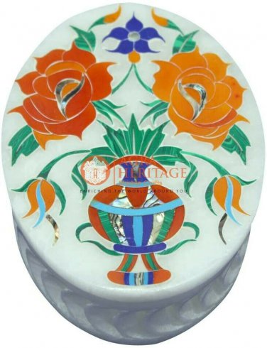 4"x3" White Jewelry Lidded Box Carnelian Multi Stone Floral Art Christmas Gifts