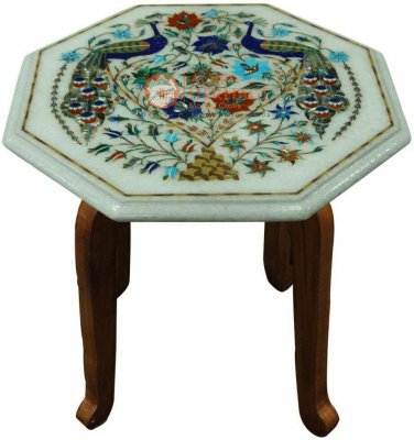 12" Marble White Top Coffee Table Lapis Peacock Floral Pietradura Veterans Gifts
