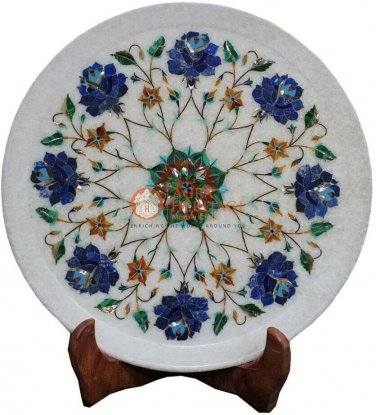 12" Marvulesh Round Dining Plate Lapis Marquetry Floral Precious Columbus Gift