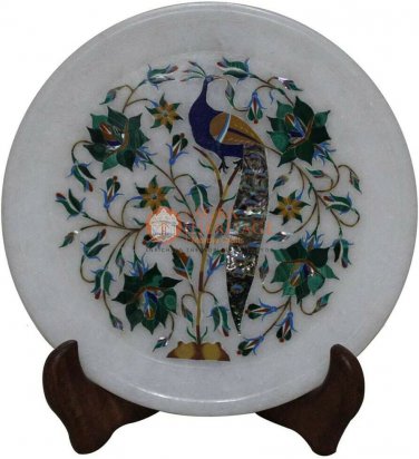 8" White Dish Collectible Plate Lapis Peacock Semi Precious Art Christmas Gifts