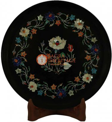 12" Black Marble Decorative Plate Mop Inlay Semi Precious Patio Veterans Gift