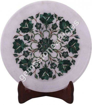 10" Marble Dish Plate Malachite Inlay Floral Fine Art New Year Eve Gift Special