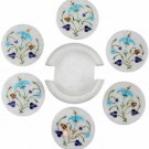 White Marble Coaster Set Handicraft Inlay Precious Stone Floral Arts Decor E1983