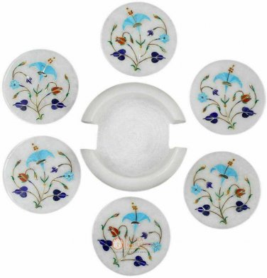 White Marble Coaster Set Handicraft Inlay Precious Stone Floral Arts Decor E1983