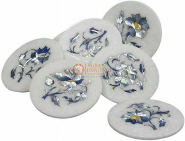 White Marble Coaster Set Handicraft Inlay Precious Stone Floral Arts Decor E1981