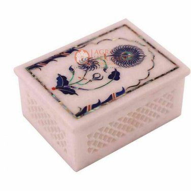 3"x2" White Modern Jewelry Lidded Box Lapis Inlaid Floral Art Halloween Gifts