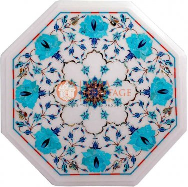 12" Marble White Custom Table Turquoise Inlay Floral Design Thanksgiving Gift
